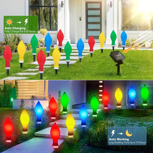 12pc Solar Christmas Lights, Flame-shaped Solar Garden Lights 8 Lighting Modes Solar String