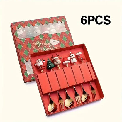 6pcs Christmas Spoon & Fork Set - Stainless Steel