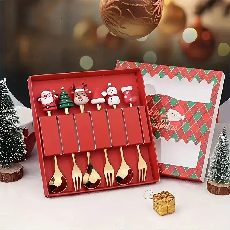 6pcs Christmas Spoon & Fork Set - Stainless Steel