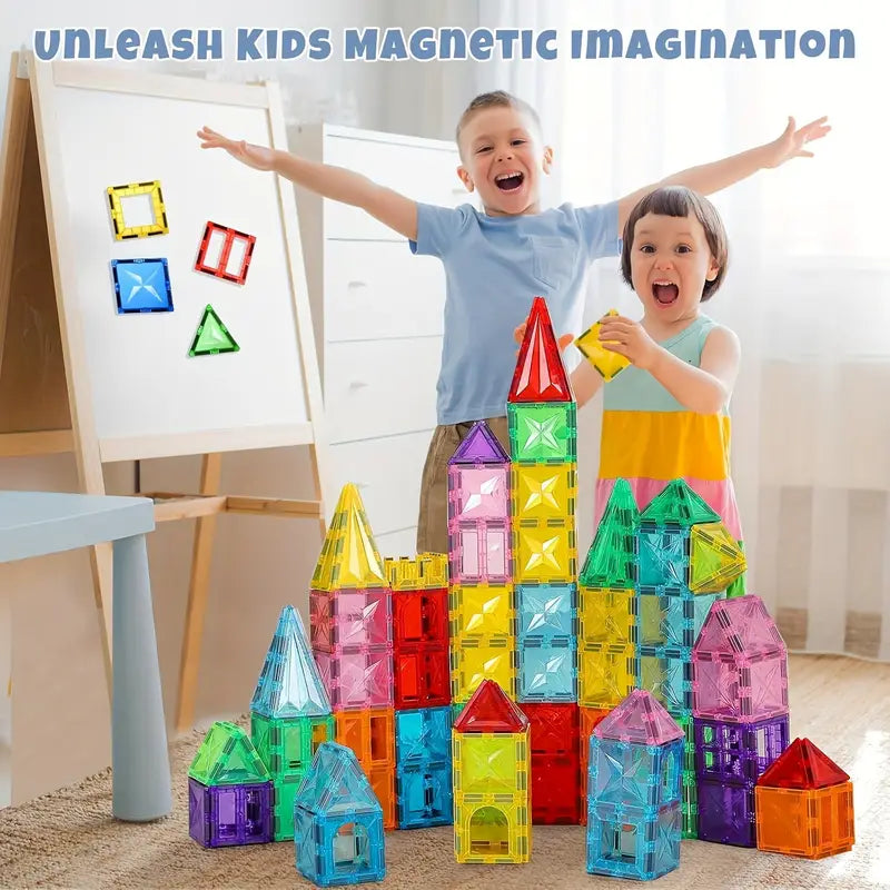 Deluxe Magnetic Tiles With 2 Cars Toy Set, 3D Diamond Magnet Tiles Building Blocks