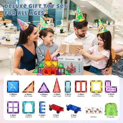 Deluxe Magnetic Tiles With 2 Cars Toy Set, 3D Diamond Magnet Tiles Building Blocks