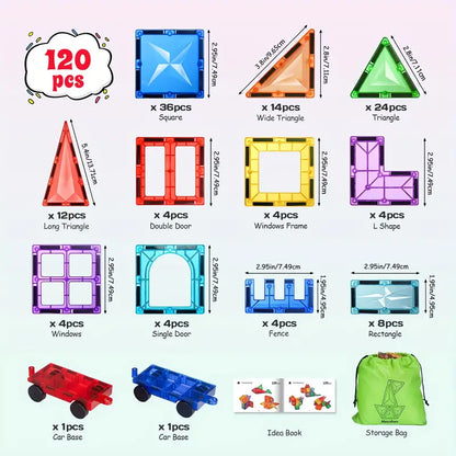 Deluxe Magnetic Tiles With 2 Cars Toy Set, 3D Diamond Magnet Tiles Building Blocks