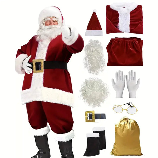 10pcs Set Christmas Wine Red Velvet Santa Claus Costume (Adult One Size Fits All)