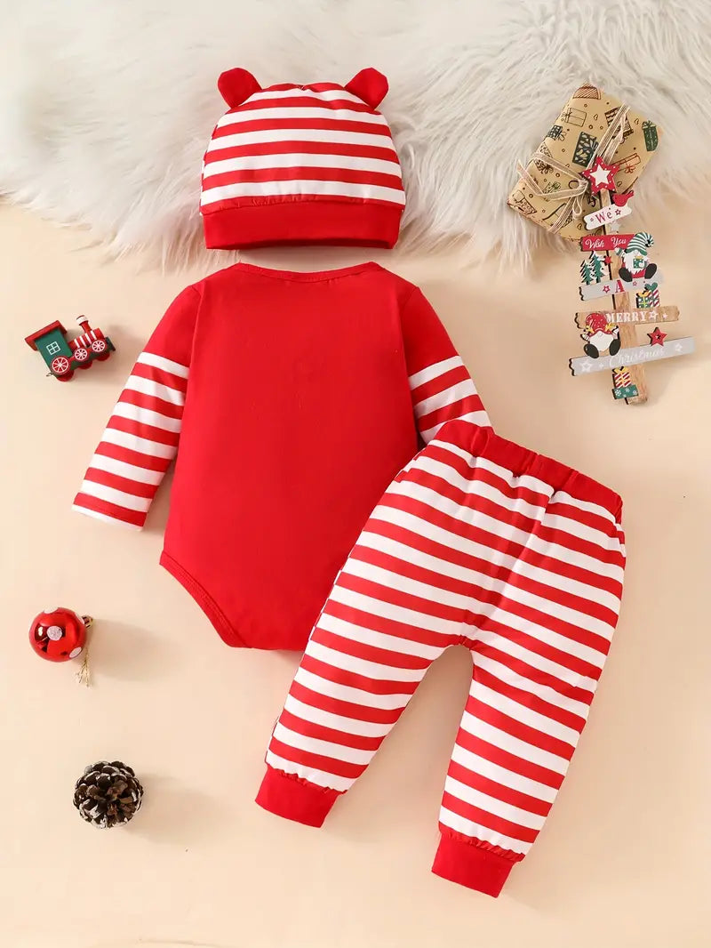 Three-piece set of cute Christmas head long-sleeved hat + striped pants + hat, Perfect for Outdoor