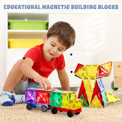 Deluxe Magnetic Tiles With 2 Cars Toy Set, 3D Diamond Magnet Tiles Building Blocks