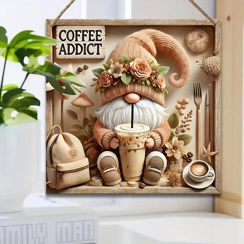 Charming Vintage Gnome Cafe Sign - 7.9"x7.9" Square Wooden Plaque for Home