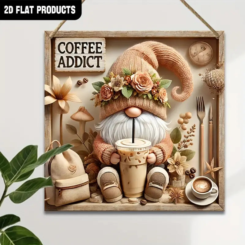 Charming Vintage Gnome Cafe Sign - 7.9"x7.9" Square Wooden Plaque for Home