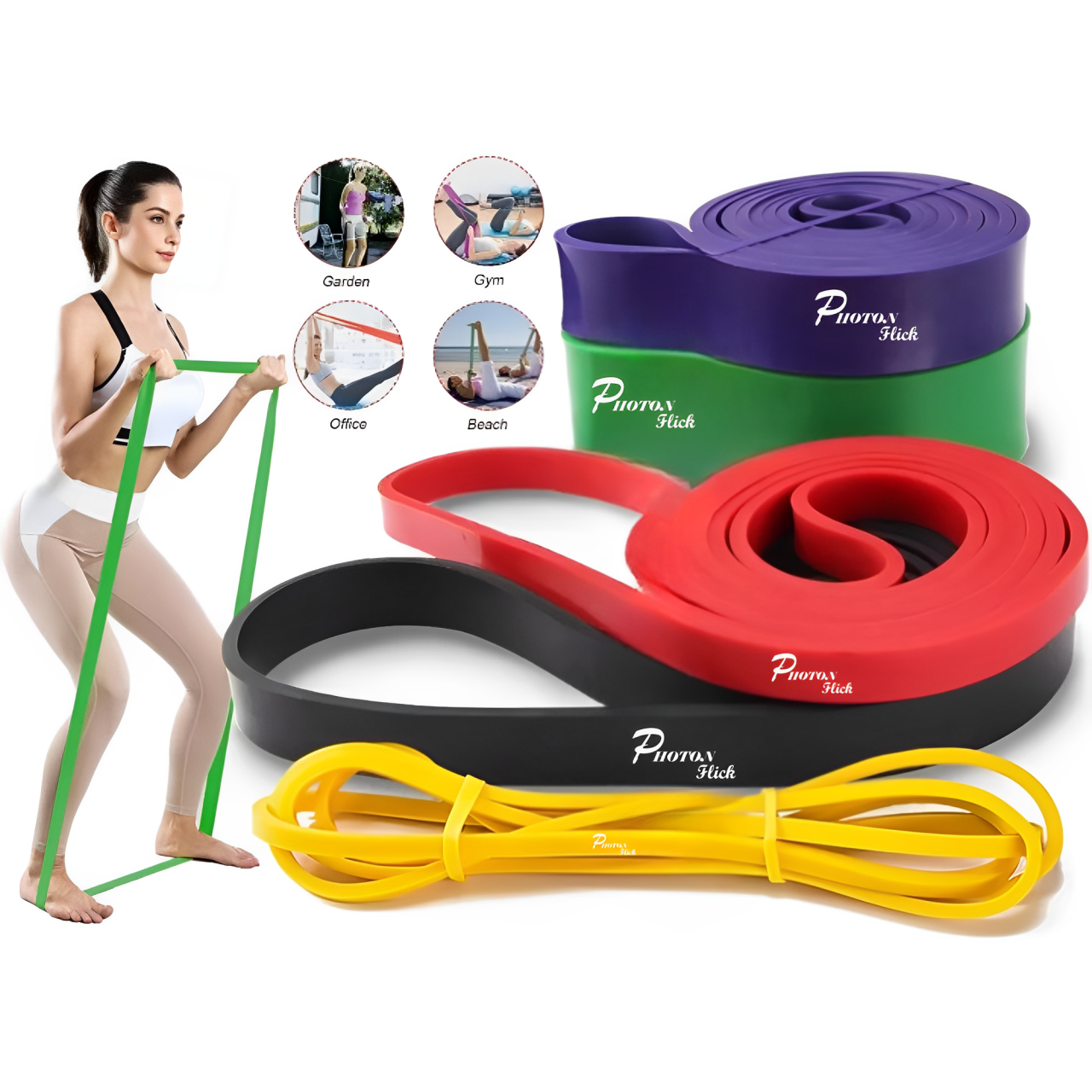 Photon Flick 5 Piece Color - Coded Resistance Bands Set – Adjustable Resistance from 5-125 lbs | Durable Latex | Ideal for Strength Training & Flexibility Exercises