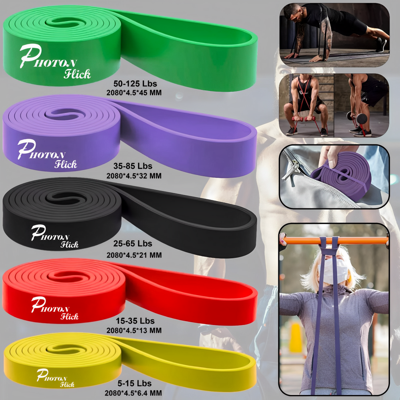 Photon Flick 5 Piece Color - Coded Resistance Bands Set – Adjustable Resistance from 5-125 lbs | Durable Latex | Ideal for Strength Training & Flexibility Exercises