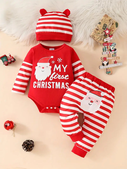 Three-piece set of cute Christmas head long-sleeved hat + striped pants + hat, Perfect for Outdoor