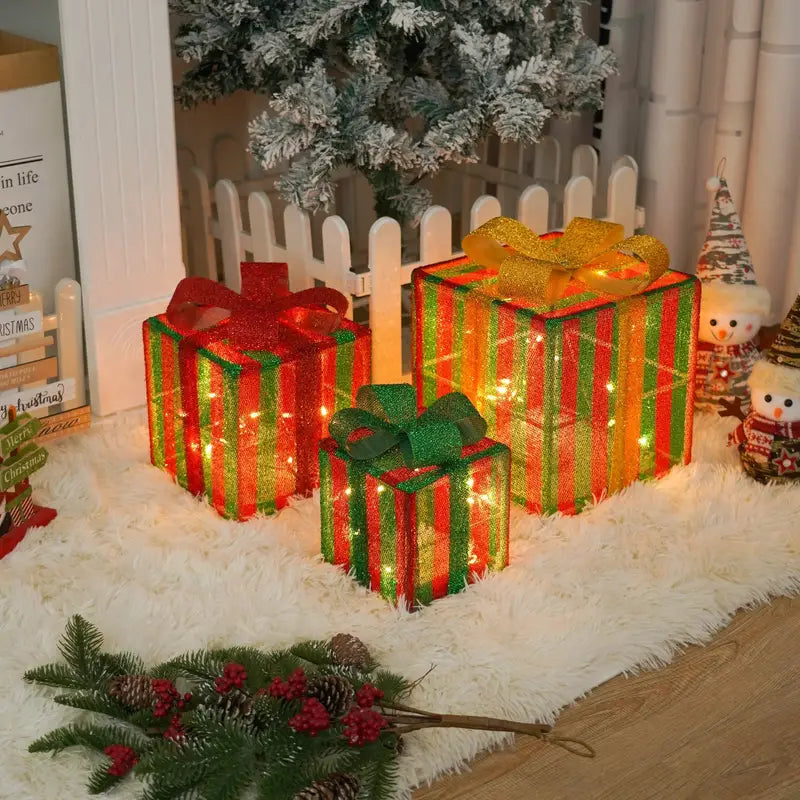 Pcs Christmas Lighted Gift Boxes, Set Of 3 LED 8 Lighting Modes