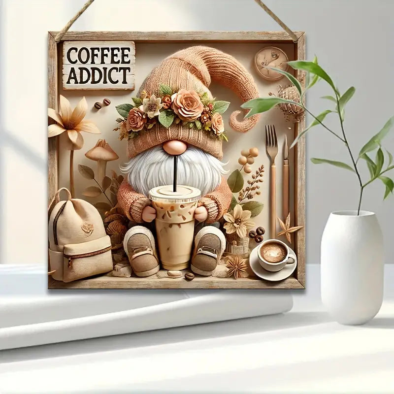 Charming Vintage Gnome Cafe Sign - 7.9"x7.9" Square Wooden Plaque for Home