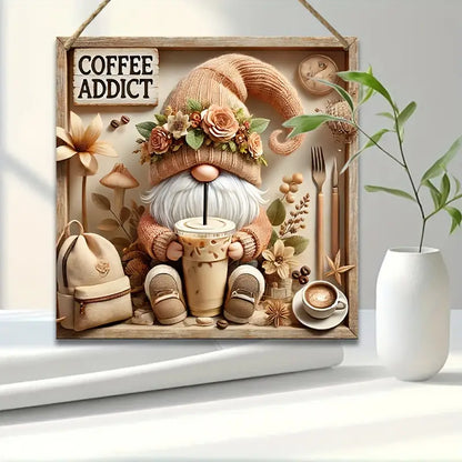 Charming Vintage Gnome Cafe Sign - 7.9"x7.9" Square Wooden Plaque for Home