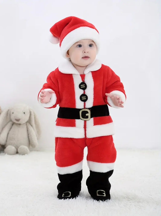 Christmas Party Cute Costume, Toddler Baby's Santa Claus Bodysuit + Hat Set, Suitable For Outdoor Wear