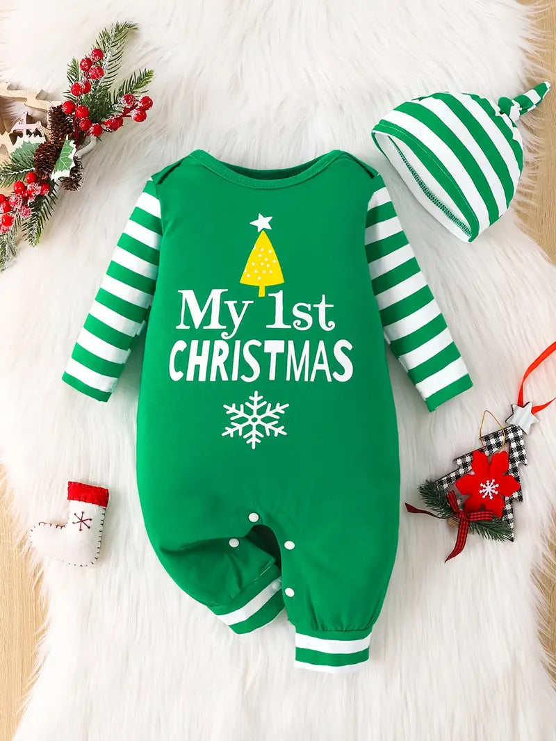 Baby's "My 1st Christmas" Print Casual Striped Cotton