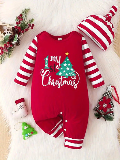 Baby's "My 1st Christmas" Print Casual Striped Cotton